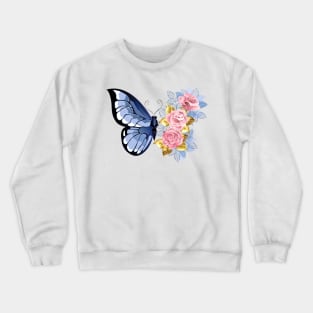 Blue Butterfly with Roses Crewneck Sweatshirt